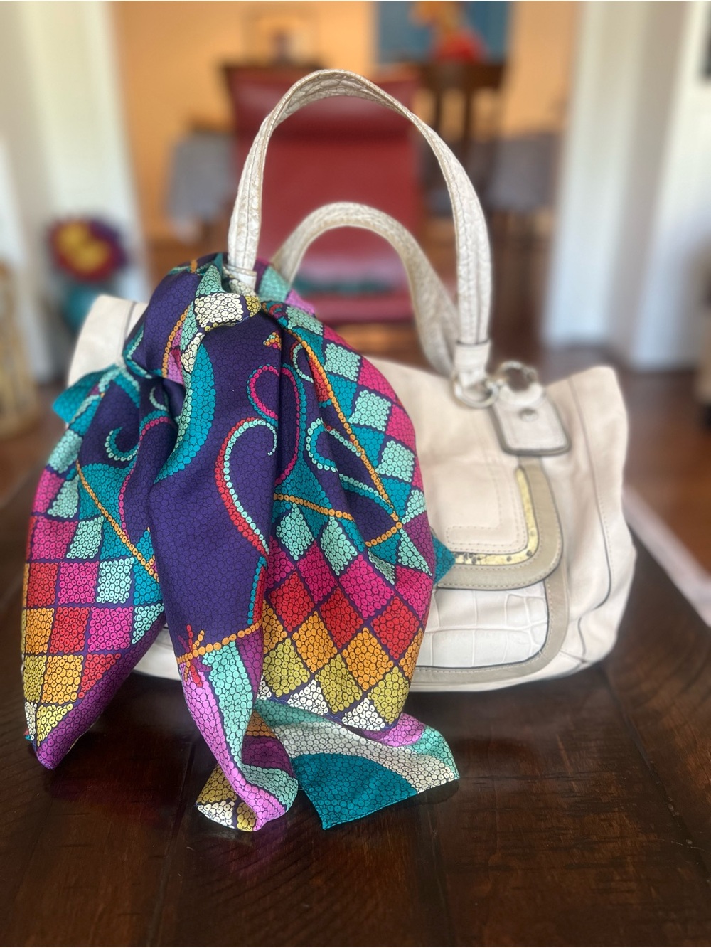 Nicole Miller 100% Silk Scarf 35” Purple Multicolor Geometric Square